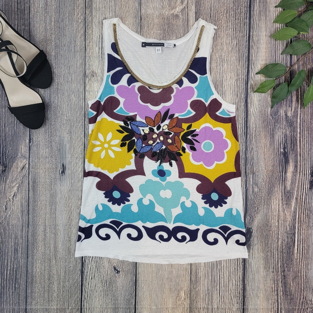 MaxMara SportMax Code Floral Linen Blend Embellished Bejeweled Chain Tank